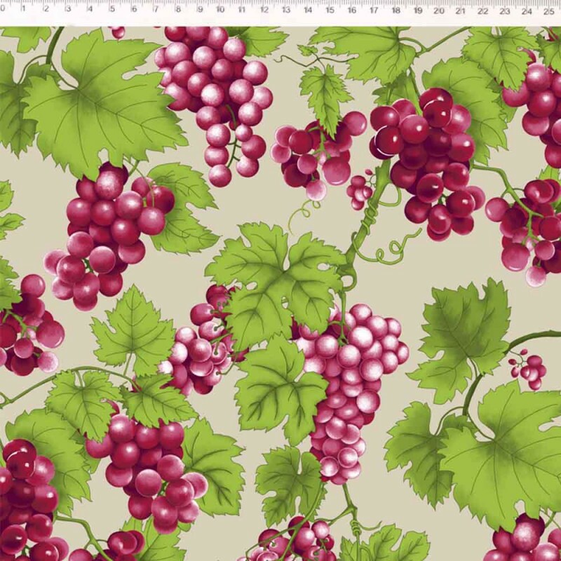 COLEÇÃO FRUITS - SARJA - UVAS E FOLHAS FD BEGE