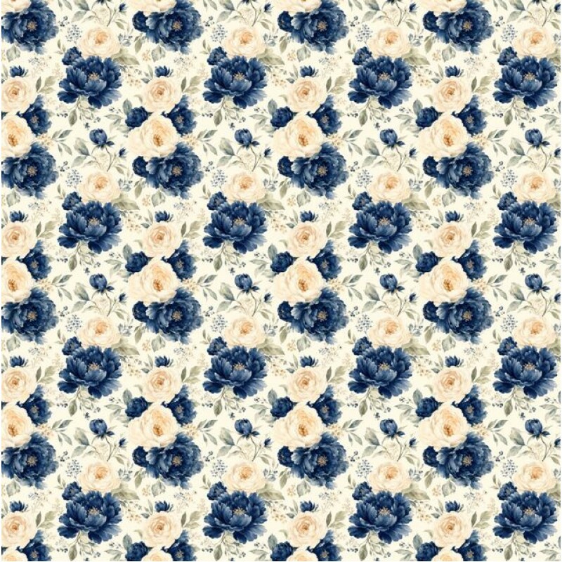 NV26 - SARJA HIDRORREPELENTE COLEÇÃO NAVY FLORALS - PINTURA DE ROSAS - 100% ALGODÃO A9332-001