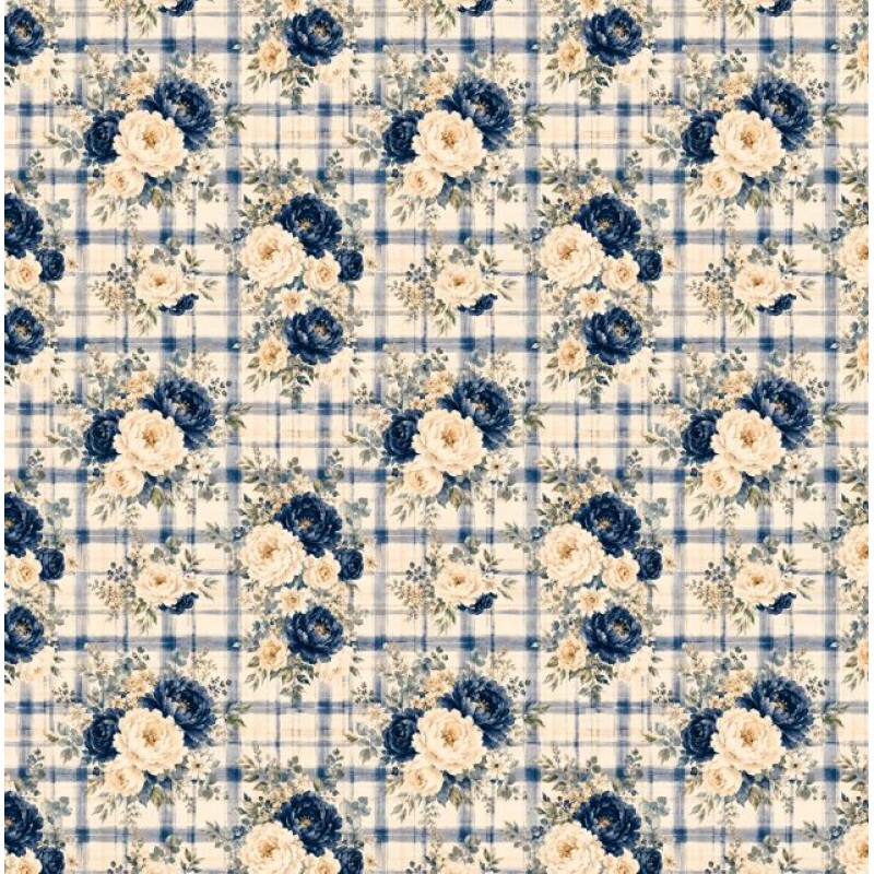NV26 - TRICOL. COLEÇÃO NAVY FLORALS - BOUQUETS DE ROSA FUNDO XADREZ - 100% ALGODÃO A9328-001