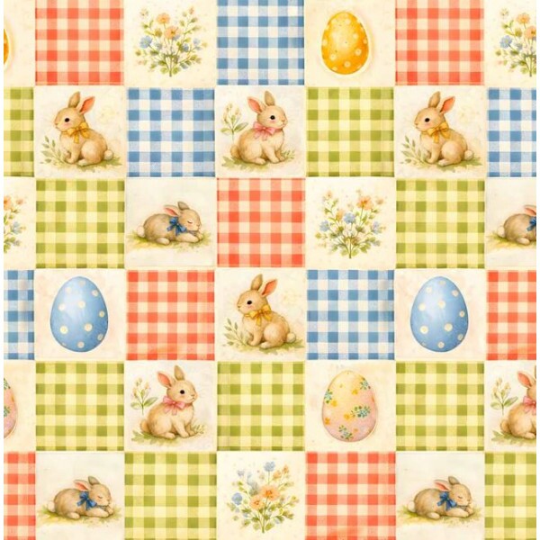DZ26 - TRICOL. COLEÇÃO JARDIM DA PASCOA - PATCH COM COELHOS E OVOS - 100% ALGODÃO A8943-001