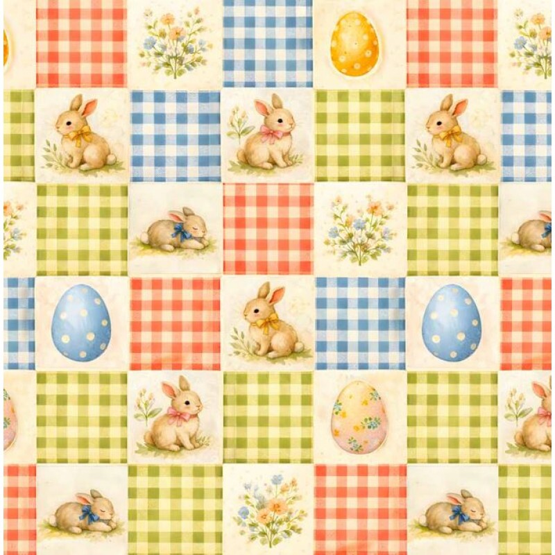 DZ26 - TRICOL. COLEÇÃO JARDIM DA PASCOA - PATCH COM COELHOS E OVOS - 100% ALGODÃO A8943-001
