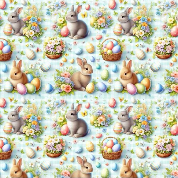 DZ26 - TRICOL. COLEÇÃO ASSORTED BUNNIES - COELHOS, OVOS, CESTAS FD AZUL CLARO - 100% ALGODÃO A9666-001