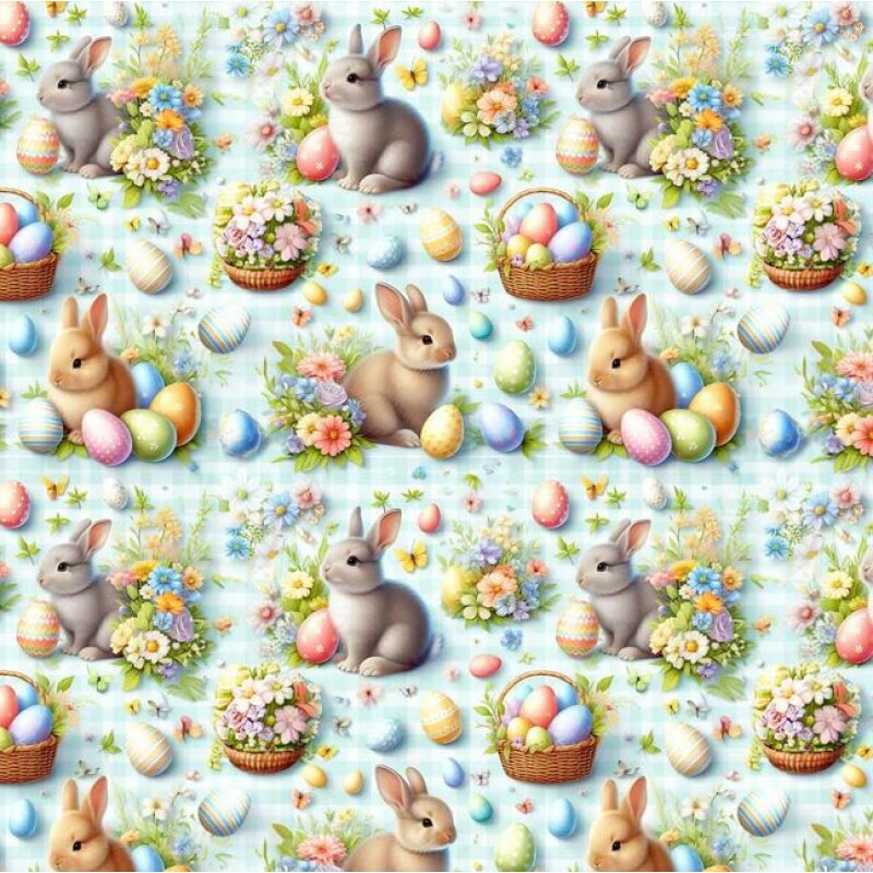 DZ26 - TRICOL. COLEÇÃO ASSORTED BUNNIES - COELHOS, OVOS, CESTAS FD AZUL CLARO - 100% ALGODÃO A9666-001