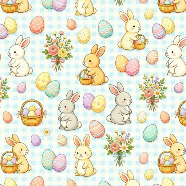 DZ26 - TRICOL. COLEÇÃO ASSORTED BUNNIES - COELHOS FUNDO XADREZ AZUL TURQUESA - 100% ALGODÃO A9667-001