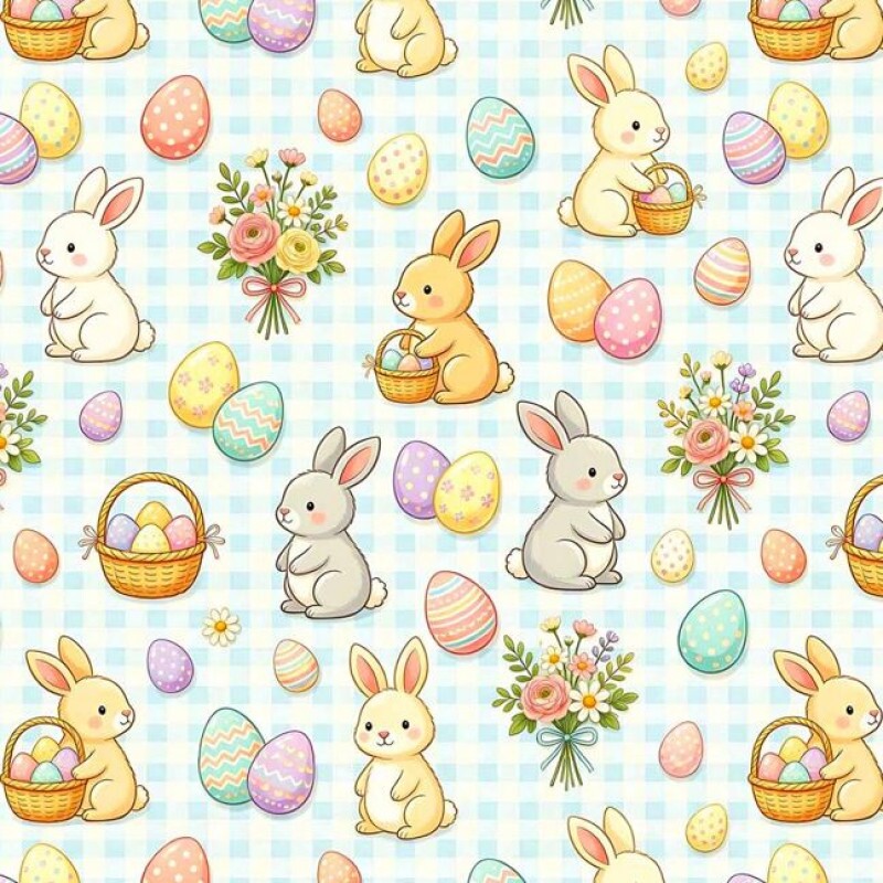 DZ26 - TRICOL. COLEÇÃO ASSORTED BUNNIES - COELHOS FUNDO XADREZ AZUL TURQUESA - 100% ALGODÃO A9667-001