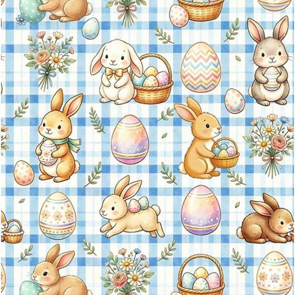 DZ26 - TRICOL. COLEÇÃO ASSORTED BUNNIES - COELHOS FUNDO XADREZ AZUL - 100% ALGODÃO A9669-001