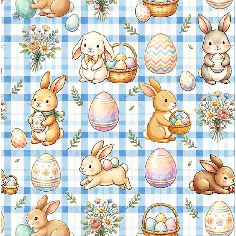 DZ26 - TRICOL. COLEÇÃO ASSORTED BUNNIES - COELHOS FUNDO XADREZ AZUL - 100% ALGODÃO A9669-001