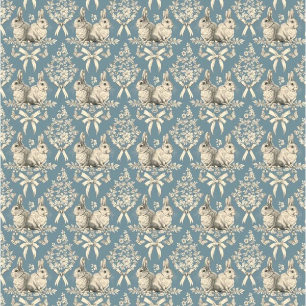 DZ26 - TRICOL. COLEÇÃO TOILE DES LAPIN - COELHO E LAÇOS FUNDO AZUL - 100% ALGODÃO A9654-001
