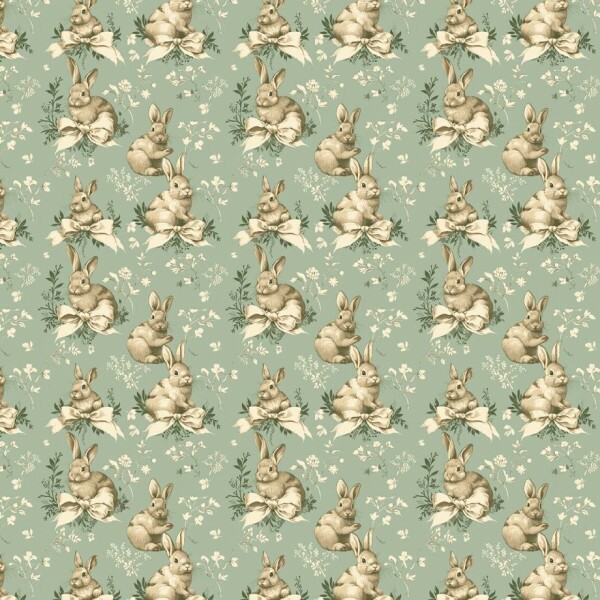 DZ26 - TRICOL. COLEÇÃO TOILE DES LAPIN - COELHO E LAÇO FUNDO VERDE - 100% ALGODÃO A9652-001