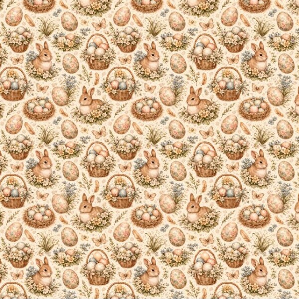 DZ26 - TRICOL. COLEÇÃO COELHINHOS VINTAGE - COELHO E CESTAS - 100% ALGODÃO A9656-001