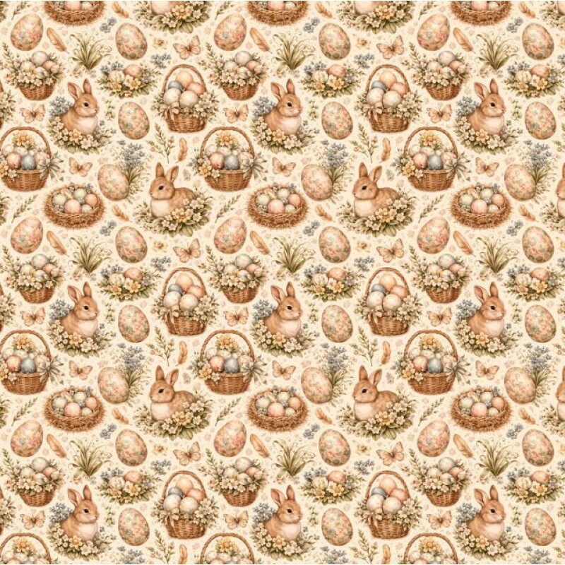 DZ26 - TRICOL. COLEÇÃO COELHINHOS VINTAGE - COELHO E CESTAS - 100% ALGODÃO A9656-001