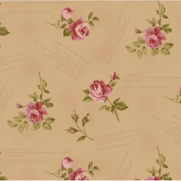 JL26-TRICOL. COLEÇÃO LA VIE EN ROSE - MILLYTA VERGARA - ROSAS C/ ESCRITAS - BEGE - 100% ALGODÃO A8832-001