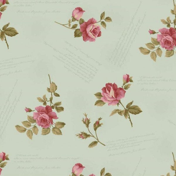 JL26-TRICOL. COLEÇÃO LA VIE EN ROSE - MILLYTA VERGARA - ROSAS C/ESCRITAS - VERDE CLARO - 100% ALGODÃO A8837-001