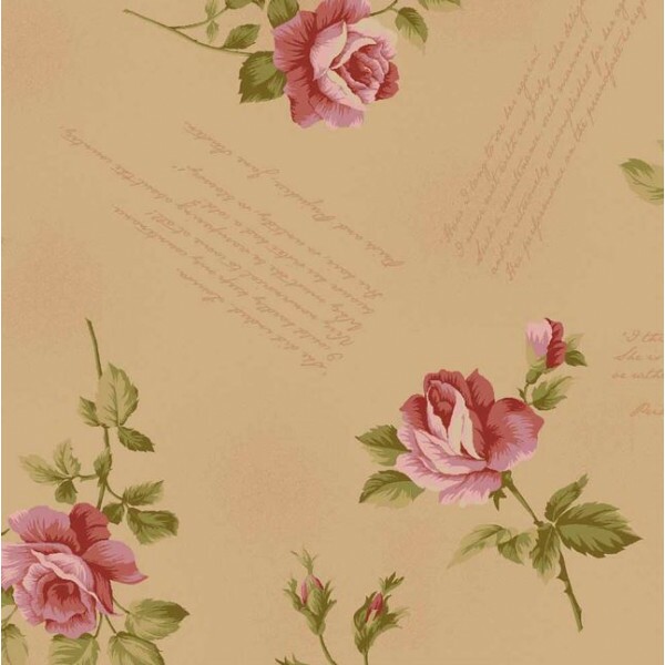 JL26-SARJA HIDROR. COLEÇÃO LA VIE EN ROSE POR MILLYTA VERGARA - ROSAS C/ ESCRITAS - BEGE - 100% ALGODÃO A8842-001