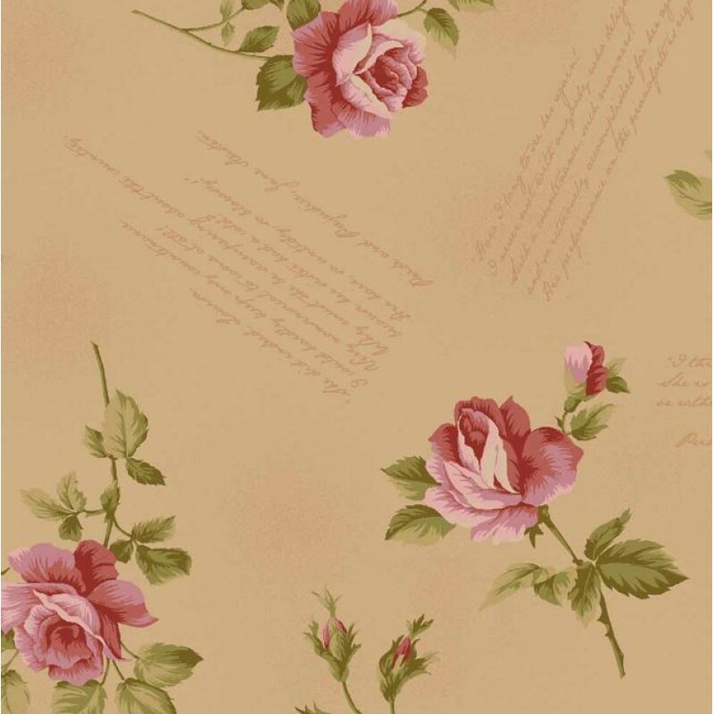 JL26-SARJA HIDROR. COLEÇÃO LA VIE EN ROSE POR MILLYTA VERGARA - ROSAS C/ ESCRITAS - BEGE - 100% ALGODÃO A8842-001