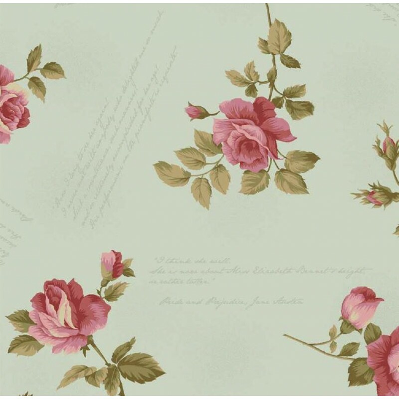 JL26-SARJA HIDROR. COLEÇÃO LA VIE EN ROSE POR MILLYTA VERGARA - ROSAS C/ESCRITAS - VERDE CLARO - 100% ALGODÃO A8840-001