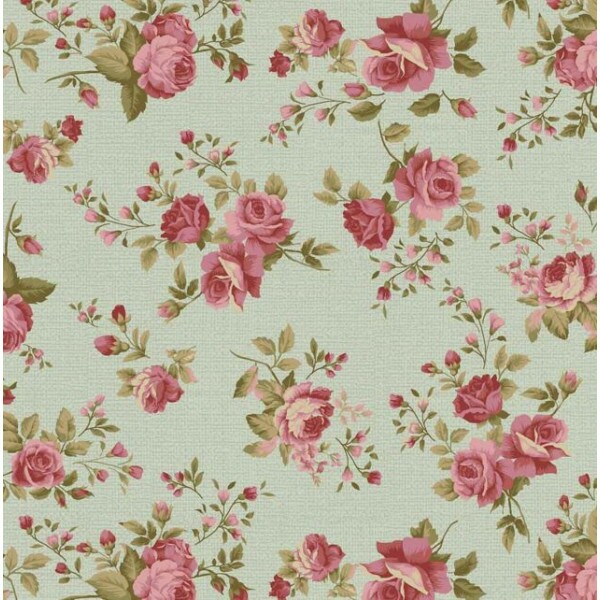 JL26-TRICOL. COLEÇÃO LA VIE EN ROSE - MILLYTA VERGARA - ROSAS MÉDIA - VERDE CLARO - 100% ALGODÃO A8838-001