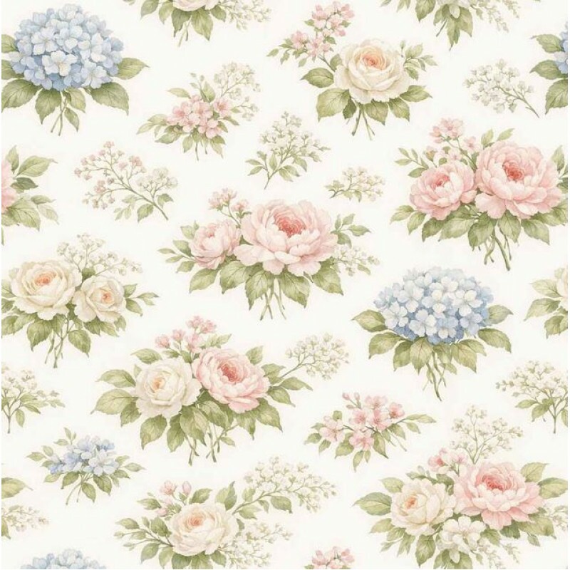 OT26 - TRICOL. COLEÇÃO COUNTRY COTTAGE - ROSAS E HORTENSIAS - 100% ALGODÃO A8554-001