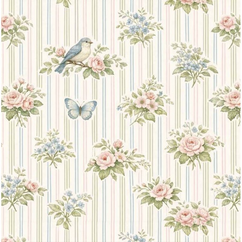 OT26 - TRICOL. COLEÇÃO COUNTRY COTTAGE - FLORAL FUNDO LISTRADO - 100% ALGODÃO A8553-001