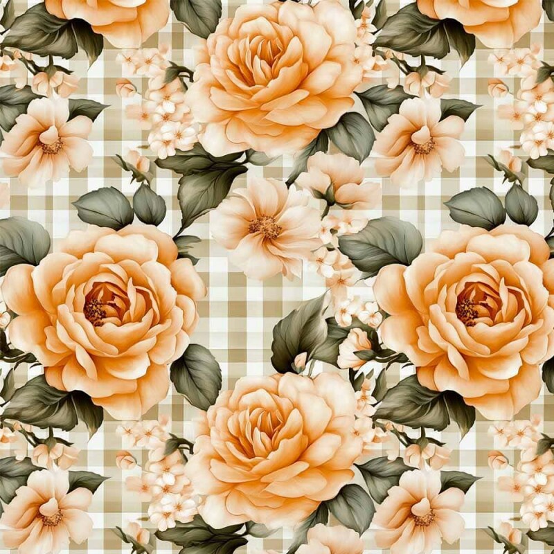 JL26 - TRICOL. COLEÇÃO  CMC AMAZING ORANGE - FLORAL GRANDE FUNDO XADREZ - 100% ALGODÃO