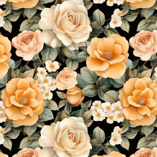 JL26 - TRICOL. COLEÇÃO  CMC AMAZING ORANGE - FLORAL GRANDE FUNDO PRETO - 100% ALGODÃO A6208-001