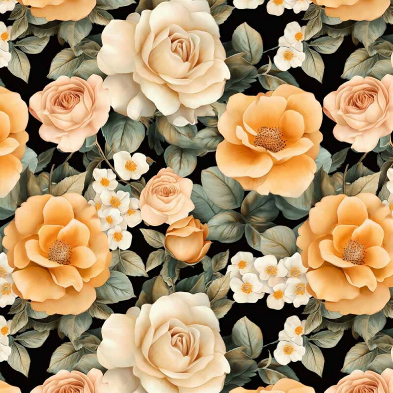 JL26 - TRICOL. COLEÇÃO  CMC AMAZING ORANGE - FLORAL GRANDE FUNDO PRETO - 100% ALGODÃO A6208-001