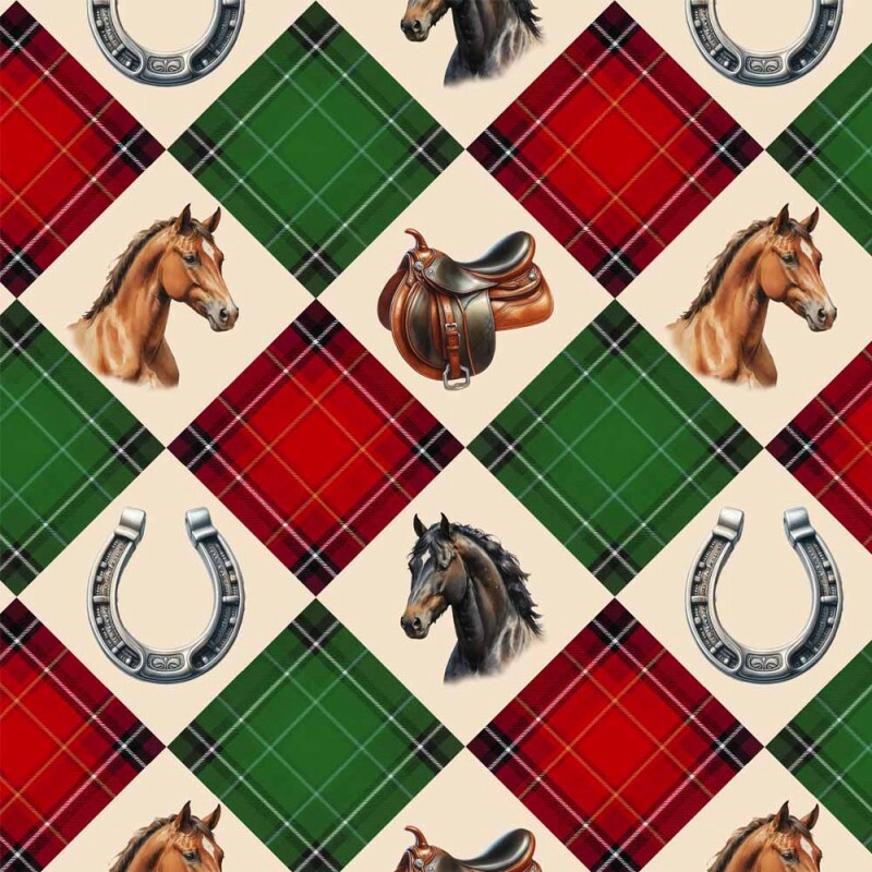 AG26 - TRICOL. COLEÇÃO PATCH CAVALOS - XADREZ VERMELHO E VERDE COM CAVALOS - 100% ALGODÃO A7307-001