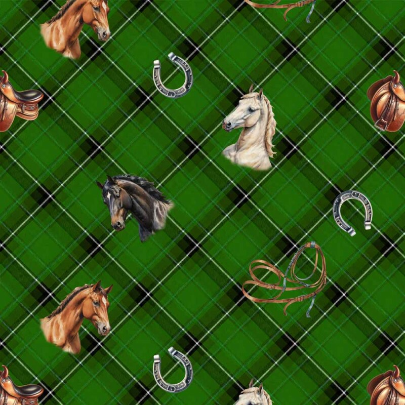 AG26 - TRICOL. COLEÇÃO PATCH CAVALOS - XADREZ VERDE COM CAVALOS - 100% ALGODÃO A7306-001