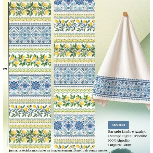 AG26 - TRICOL. COLEÇÃO BARRADOS - LIMÃO E AZULEJO - 100% ALGODÃO A7180-001
