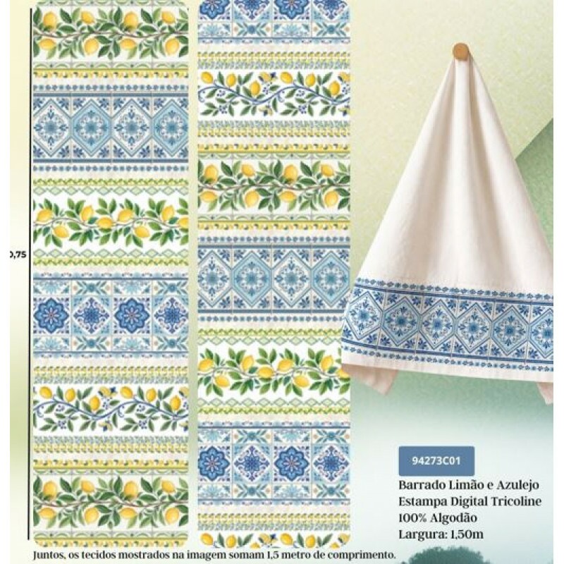 AG26 - TRICOL. COLEÇÃO BARRADOS - LIMÃO E AZULEJO - 100% ALGODÃO A7180-001