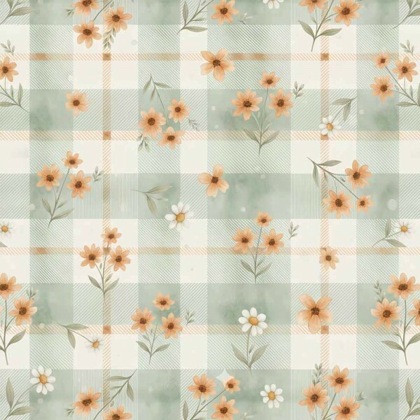 JL26 - TRICOL. COLEÇÃO CUTE ORANGE - FLORAL MIUDO FUNDO XADREZ - 100 % ALGODÃO A5089-001