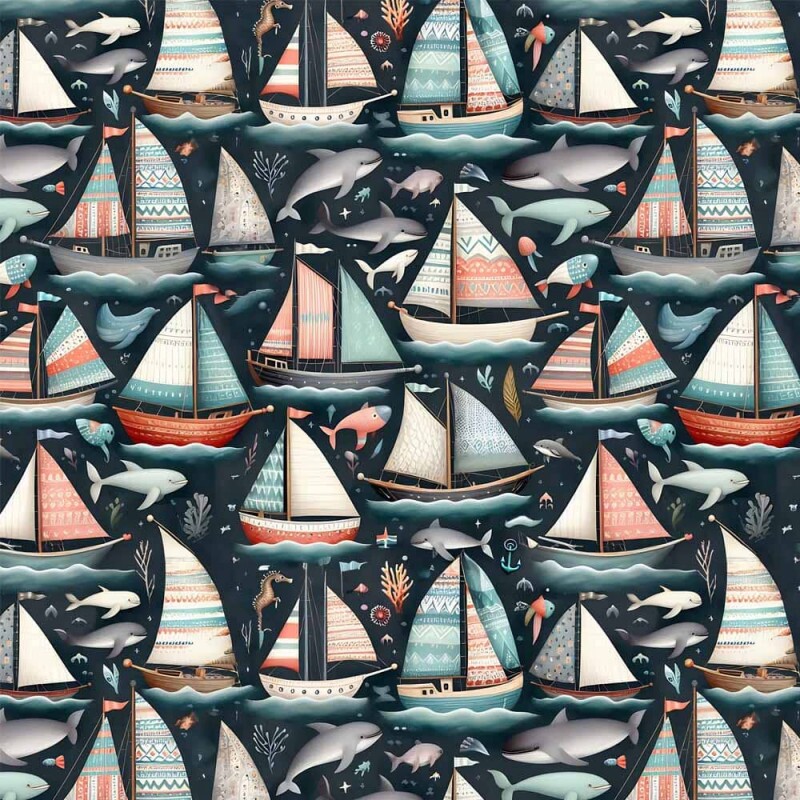 JL26 - TRICOL. COLEÇÃO BARCO A VELAS - BARCOS FUNDO MARINHO - 100% ALGODÃO A5948-001