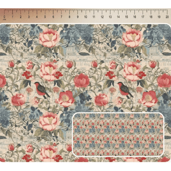 JN26 - TRICOL. COLEÇÃO SHABBY ROMANCE - FLORAL COM PÁSSAROS - 100% ALGODÃO - A3544-001