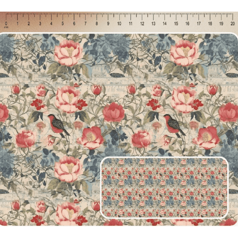 JN26 - TRICOL. COLEÇÃO SHABBY ROMANCE - FLORAL COM PÁSSAROS - 100% ALGODÃO - A3544-001