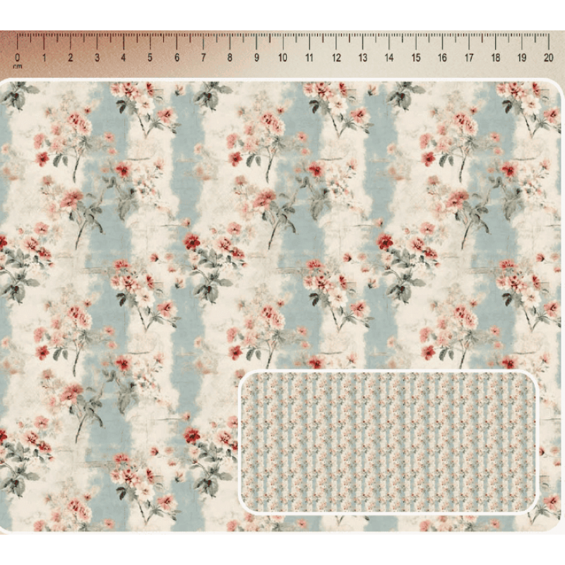 JN26 - TRICOL. COLEÇÃO SHABBY ROMANCE - FLORAL COM LISTRADO AZUL  - 100% ALGODÃO - A3542-001
