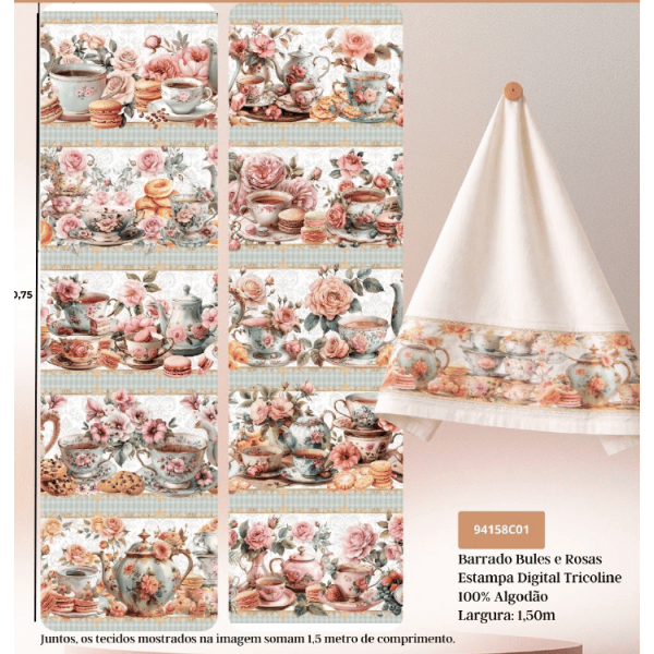 JN26 - TRICOL. COLEÇÃO BARRADOS - BULES E ROSAS - 100% ALGODÃO A4600-001