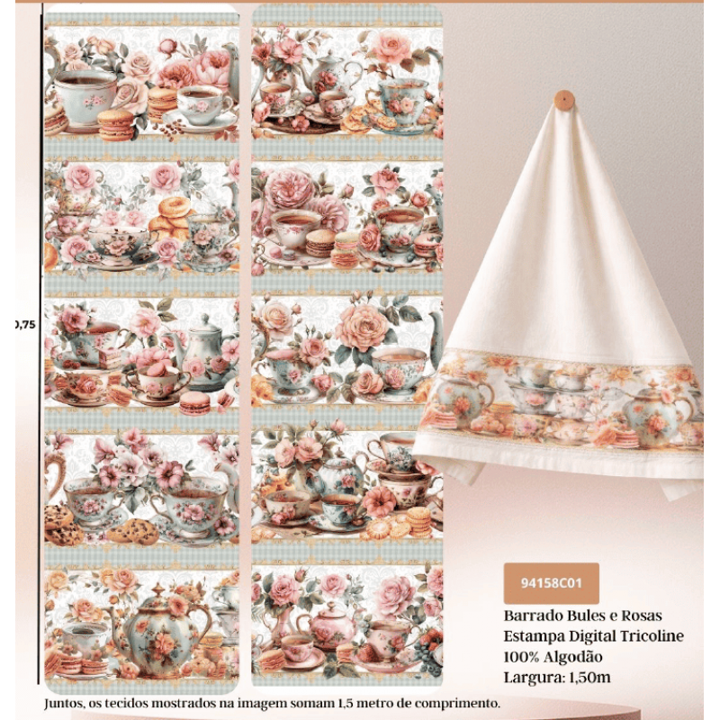 JN26 - TRICOL. COLEÇÃO BARRADOS - BULES E ROSAS - 100% ALGODÃO A4600-001