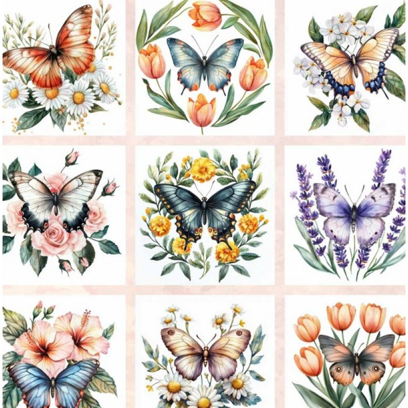 MI26 - TRICOL. COLEÇÃO JARDIM DAS BORBOLETAS - QUADRADOS COM BORBOLETAS