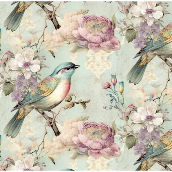 MI26 - SARJA HIDRORREPELENTE COLEÇÃO VINTAGE BIRDS - PÁSSAROS E ROSAS FUNDO AZUL - 100% ALGODÃO - A3330-001