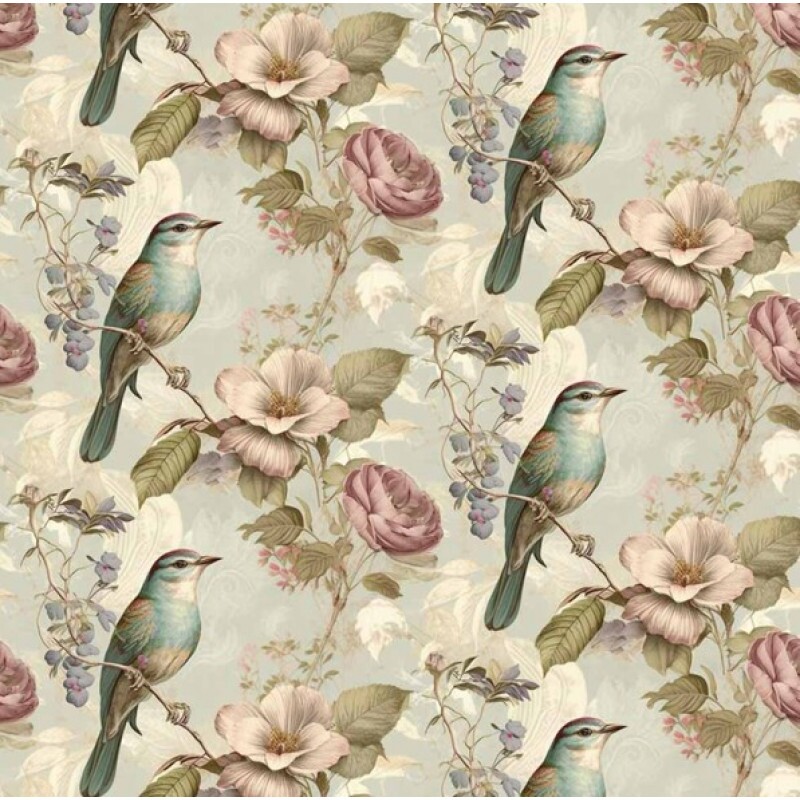 MI26 - TRICOL. COLEÇÃO VINTAGE BIRDS - PÁSSAROS E ROSAS FUNDO CINZA - 100% ALGODÃO - A3333-001