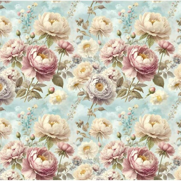 MI26 - TRICOL. COLEÇÃO VINTAGE BIRDS - ROSAS FUNDO AZUL - 100% ALGODÃO - A3334-001