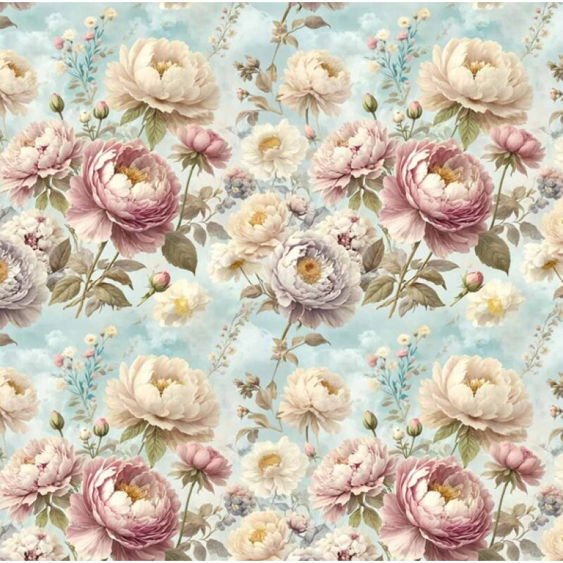 MI26 - TRICOL. COLEÇÃO VINTAGE BIRDS - ROSAS FUNDO AZUL - 100% ALGODÃO - A3334-001