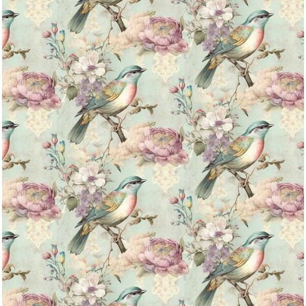 MI26 - TRICOL. COLEÇÃO VINTAGE BIRDS - PÁSSAROS E ROSAS FUNDO AZUL - 100% ALGODÃO - A3336-001
