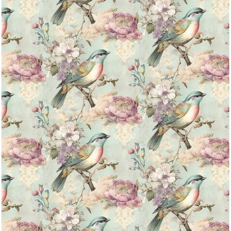 MI26 - TRICOL. COLEÇÃO VINTAGE BIRDS - PÁSSAROS E ROSAS FUNDO AZUL - 100% ALGODÃO - A3336-001