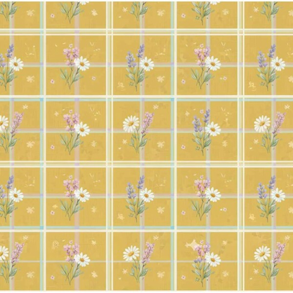 MI26 - TRICOL. COLEÇÃO LAVENDER BEE - MARGARIDAS E LAVANDA FUNDO XADREZ AMARELO - 100% ALGODÃO A3538-001