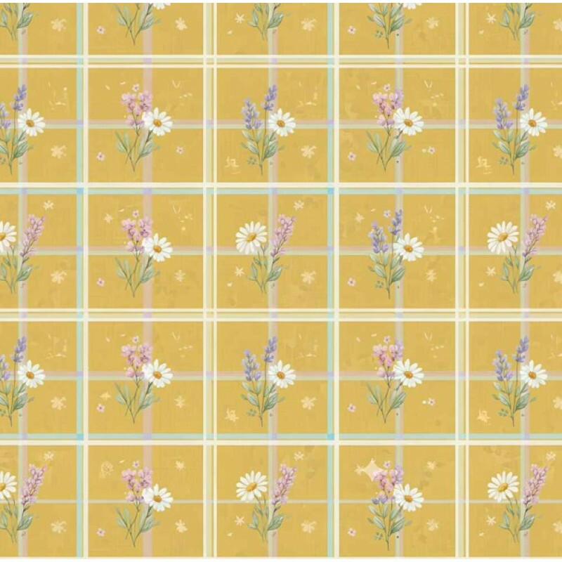 MI26 - TRICOL. COLEÇÃO LAVENDER BEE - MARGARIDAS E LAVANDA FUNDO XADREZ AMARELO - 100% ALGODÃO A3538-001