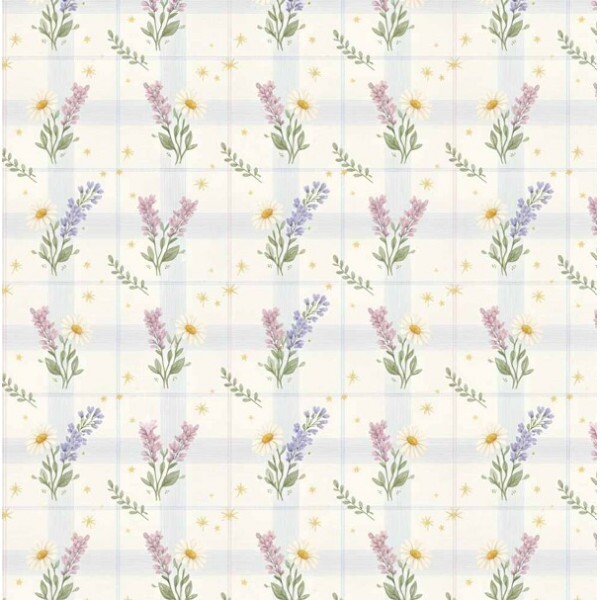 MI26 - TRICOL. COLEÇÃO LAVENDER BEE - MARGARIDA E LAVANDA FUNDO XADREZ BEGE - 100% ALGODÃO A3537-001