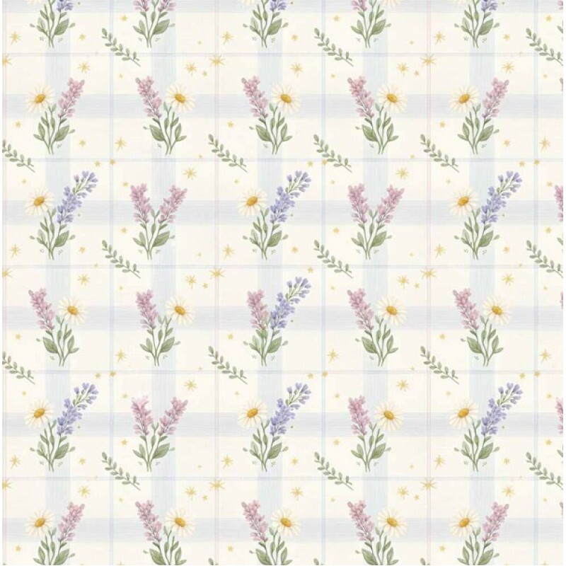 MI26 - TRICOL. COLEÇÃO LAVENDER BEE - MARGARIDA E LAVANDA FUNDO XADREZ BEGE - 100% ALGODÃO A3537-001