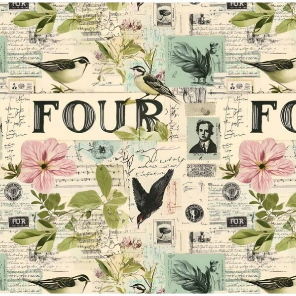 MI26 - TRICOL. COLEÇÃO PASSAROS E POESIA - PASSAROS COM FOLHAS E FLORES - 100% ALGODÃO