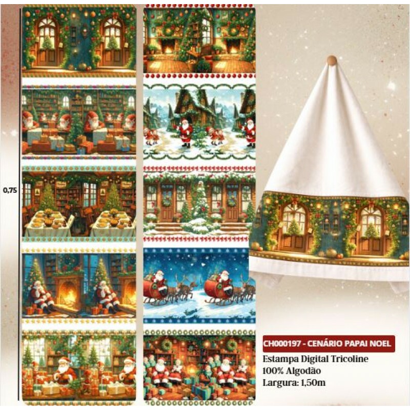 NT26 - TRICOL. COLEÇÃO BARRADOS NATAL - CENÁRIO PAPAI NOEL - 100% ALGODÃO A4707-001